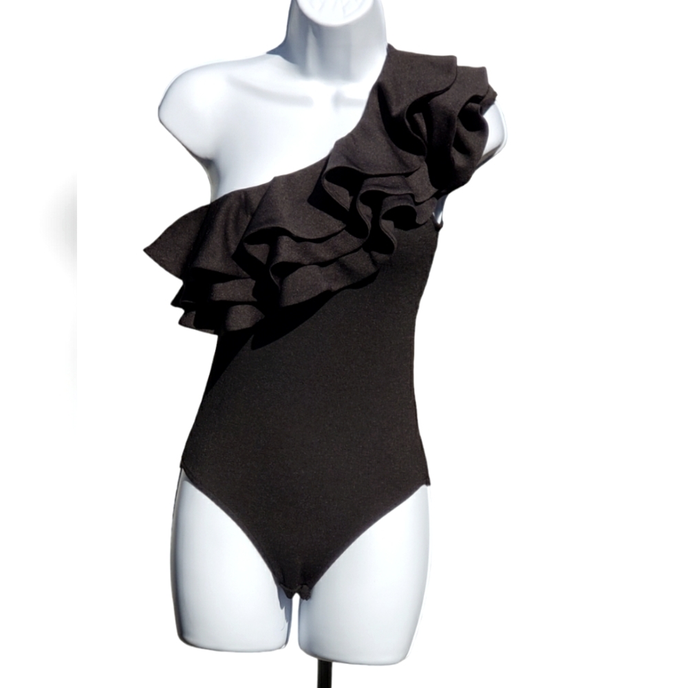 H&M Bodysuit one Shoulder Ruffle Sz XS Black Snap Bodysuit